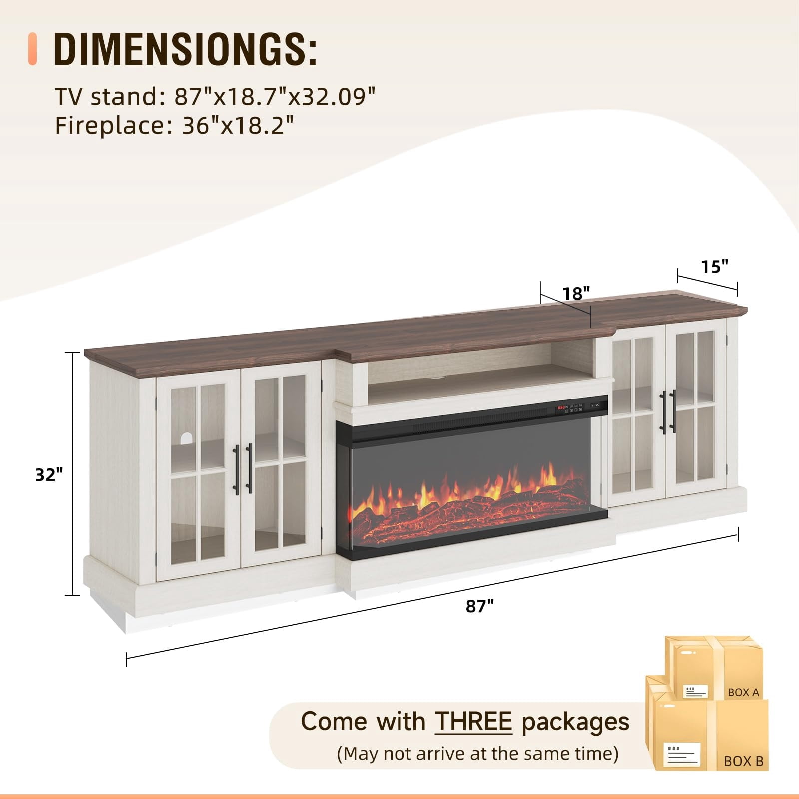 Sunmthink Farmhouse TV Stand with 36" Fireplace for TVs up to 90", 87" Media Entertainment Center with Adjustable Shelves and Large Storage Cabinets, for Living Room, White