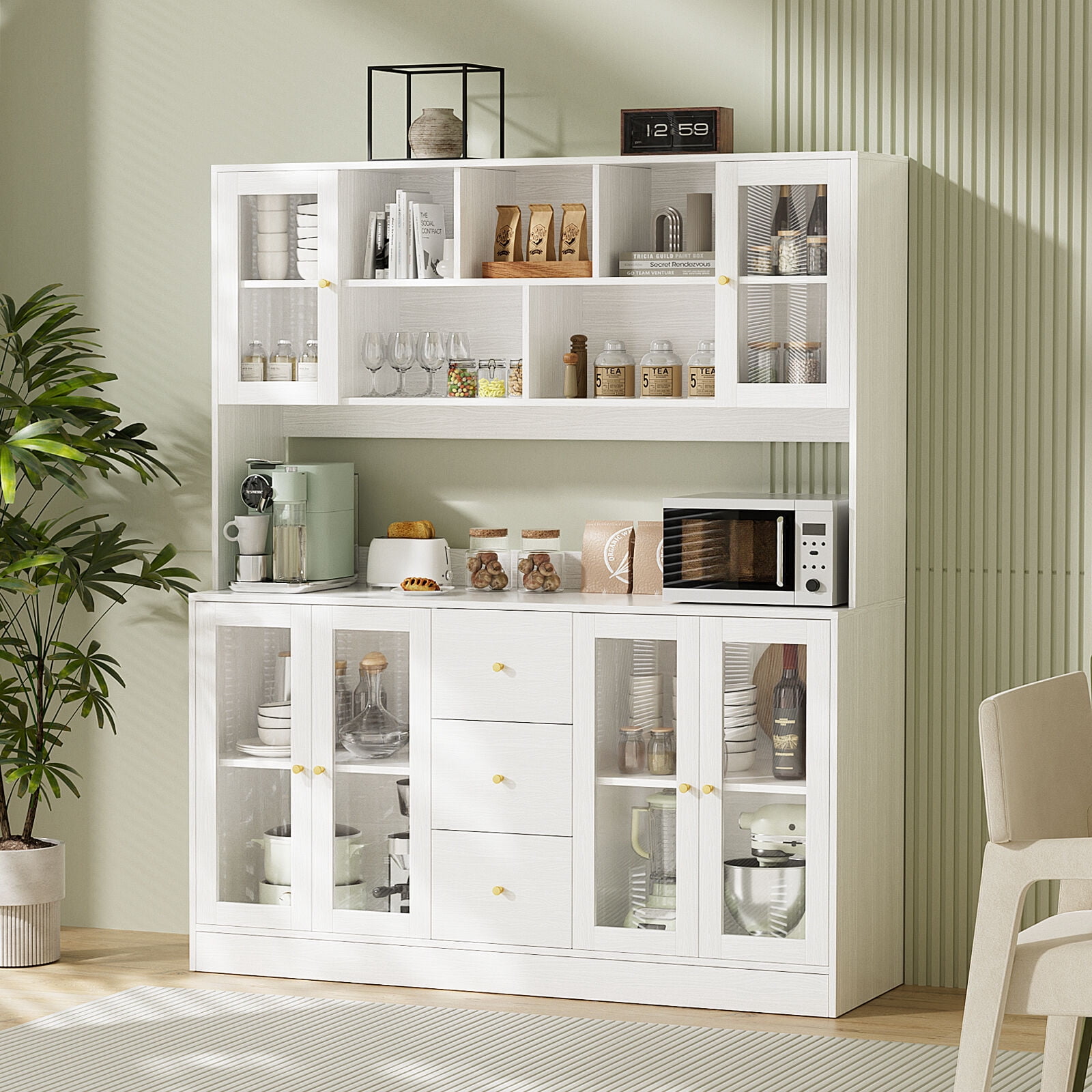RichYa 59.1"W Large Kitchen Pantry Hutch Cabinet, Tall Coffee Bar Storage Cabinet with 6 Glass Doors, 3 Drawers & Microwave Shelf, Freestanding Cupboard with Large Countertop,White