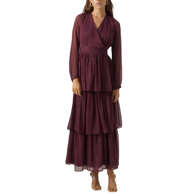 xiaxaixu Robes de Mode Automne pour Femmes Robes de Soirée Longues Manches Longues Col en V Robe Smockée à Volants Superposés