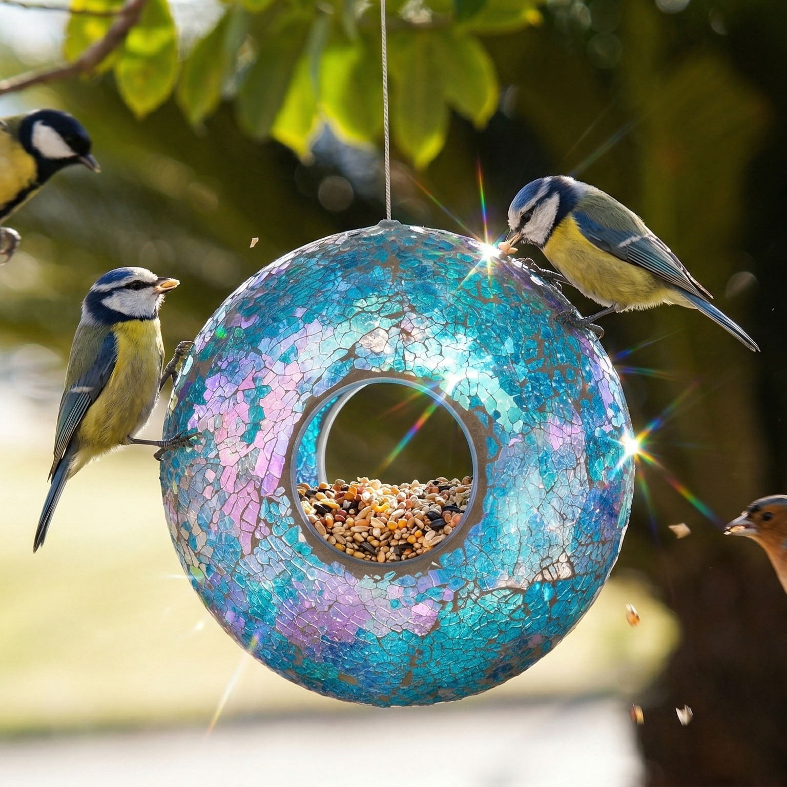 a ting garden hanging bird feeder mosaic circle for outdoor decoration,blue