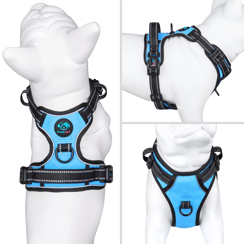 PHOEPET No Pull Dog Harness Medium Reflective Front Clip Vest with Handle, Adjustable 2 Metal Rings 2 Buckles,Blue