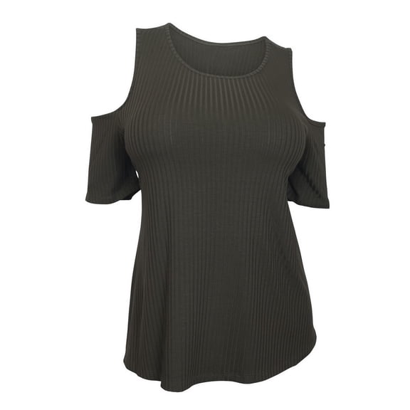 eVogues Plus Size Round Neck Ribbed Off Shoulder Top Dark Olive