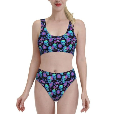 High Waisted Bikini Sets For Women  Purple Flower Blue Skull Two Piece Swimsuit Sporty Scoop Neck Bathing Suit