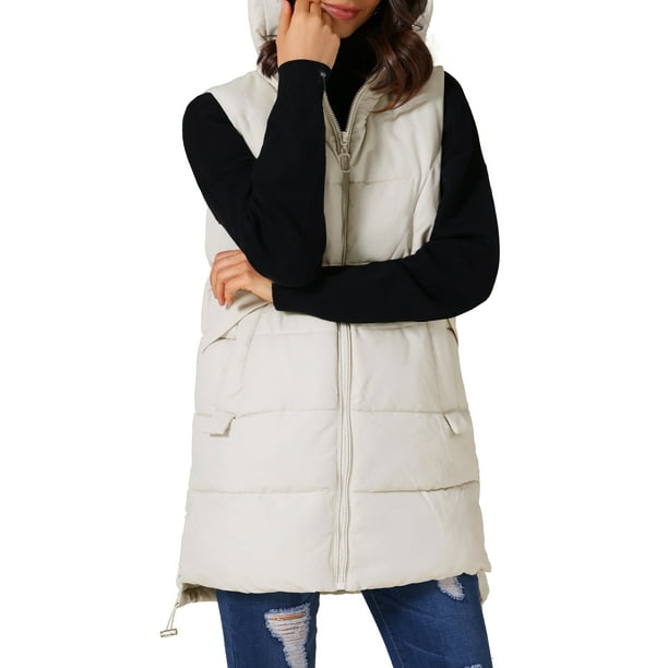 Chaleco largo de plumas sin mangas con capucha para mujer INSPIRE CHIC, invierno, con bolsillos, color beige