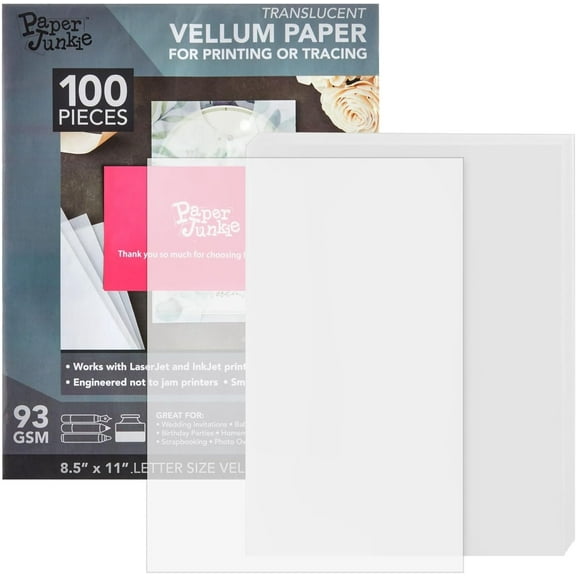 Vellum Paper Sheets - 8.5 x 11 in, 100 Count - 93gsm Translucent & Transparent Tracing Paper - Printable & Traceable for Invitations, Sketching, Drawing & Card Overlays