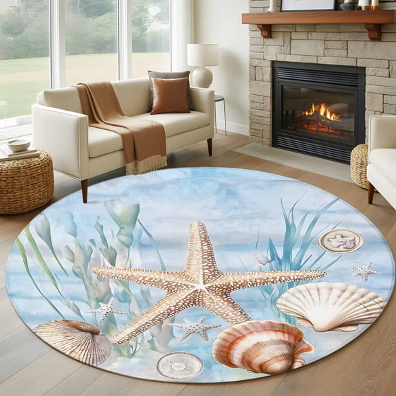 Blue Starfish Coastal Round Rug 5ft Washable Circle Kitchen Rugs Non Slip Summer Beach Coral Shell Sea Large Area Rug Indoor Floor Carpet for Bedroom Living Room Home Office Dining Room Nursery