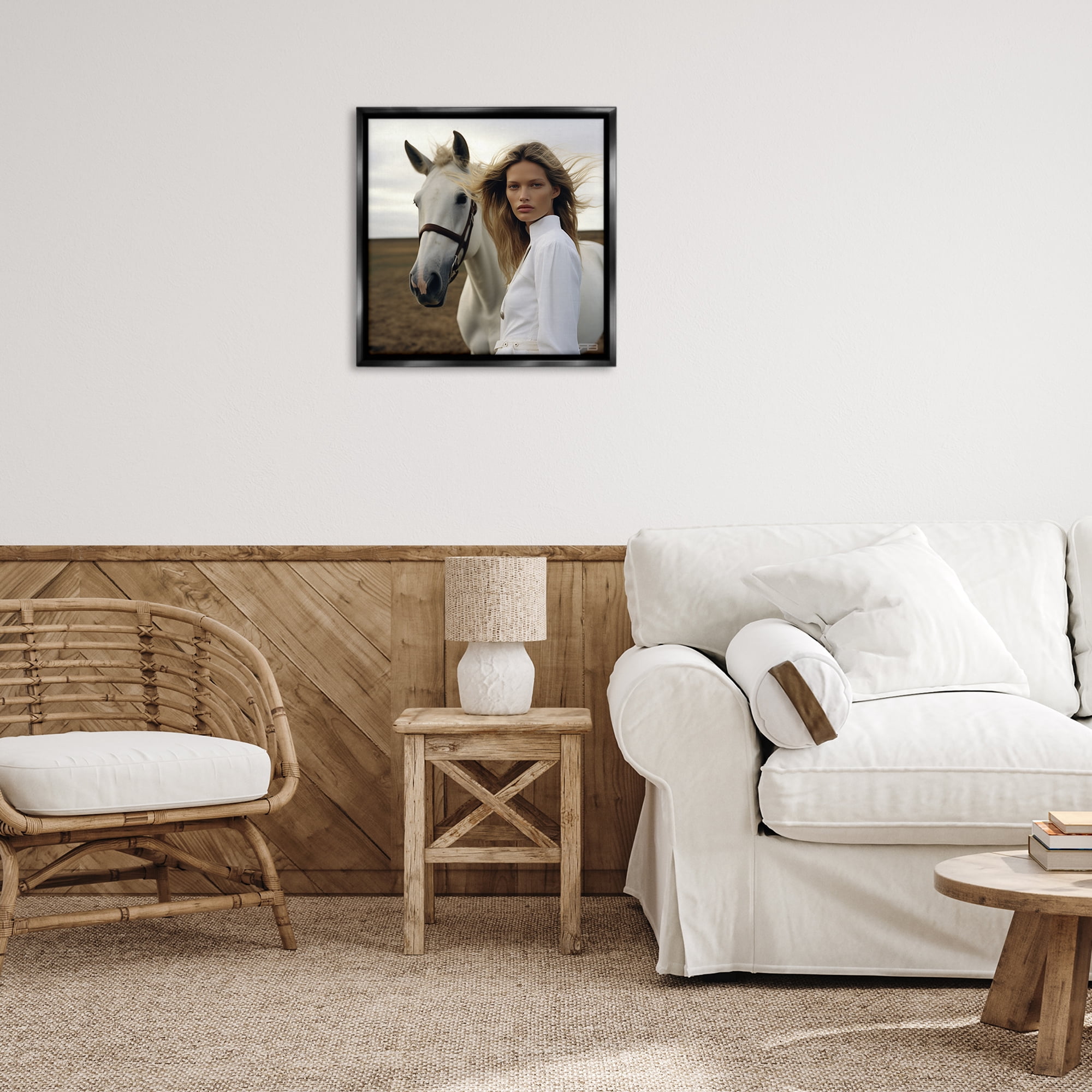 Stupell Industries Girl in White with Horse People Painting Black Floater Framed Canvas Art Print Wall Art, 25 x 25