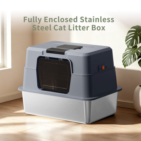 Fully Enclosed Cat Litter Box, Hooded Cat Litter Pan with Flip Entry Door, 50 x 35 x 35cm Overall Size, Stainless Steel Base 50 x 35 x 10cm