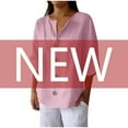 thumbnail image 4 of Olyvenn Linen Tops for Women Summer V Neck 3/4 Length Sleeve Womens Tops with Button Roll-Up Sleeve Casual Loose Fit Blouses Pink M, 4 of 7