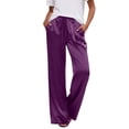 thumbnail image 2 of Sweat Pants Baggy Sweatpants Women Ladies Summer Satin Drawstring Elastic Waist Casual Pants Wide Leg Pants Purple S, 2 of 6