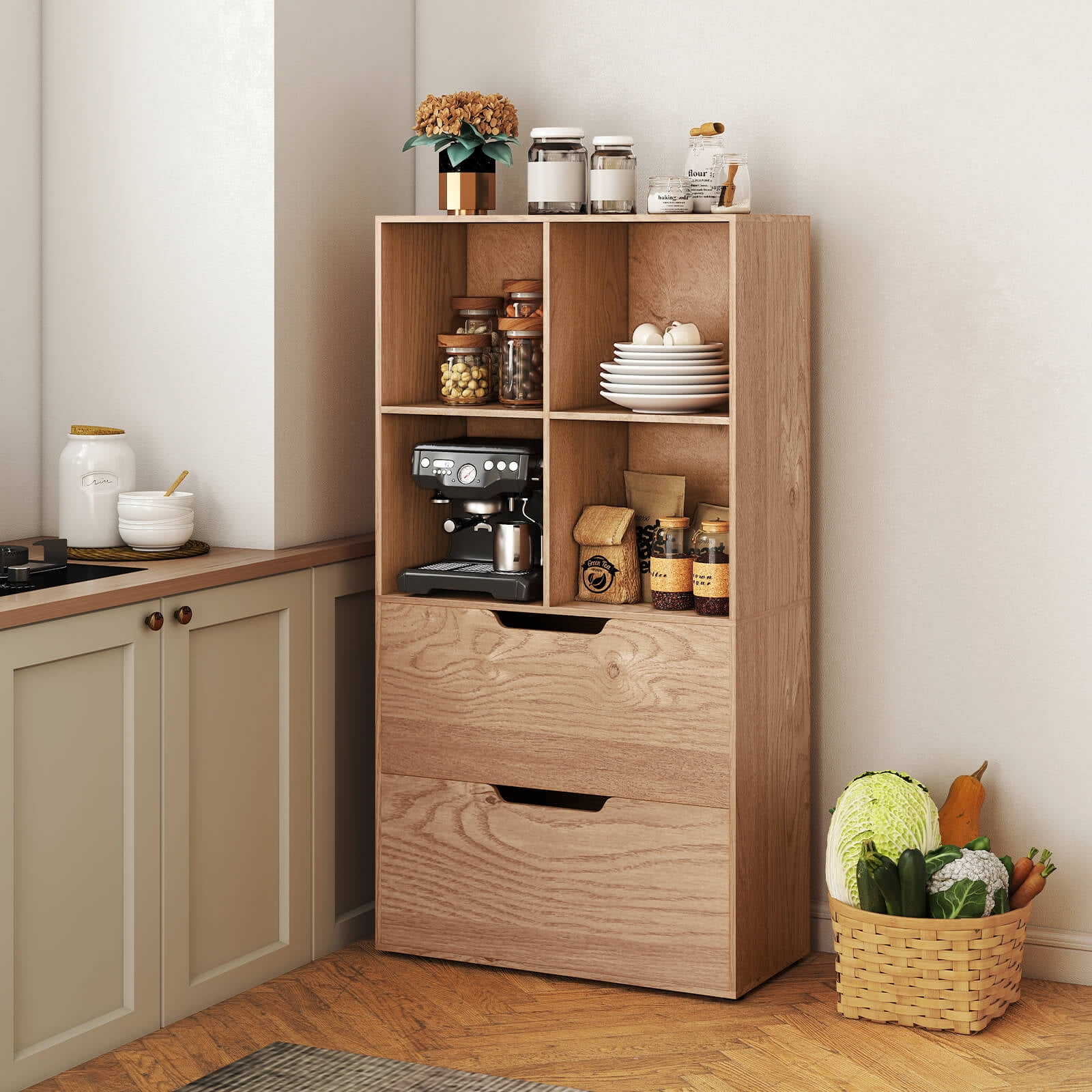 Costway 2PCS 4-Cube Bookcase with 2 Drawers, 5-Tier Tall Freestanding Bookshelf for Study Natural