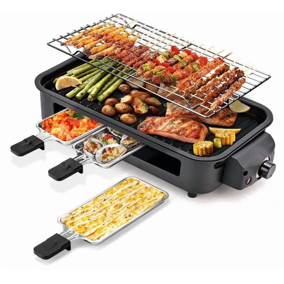 LKCC Electric Smokeless Indoor Grill – Non-Stick Raclette BBQ with 3 Mini Pans, Perfect for Grilling, Roasting & Frying, Easy to Clean, 1500W (Black)