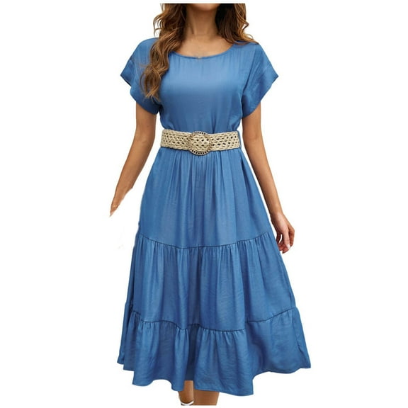 Nmnitkp Dresses for Women Soft and Comfortable Women's Summer Casual Short Flutter Sleeve Round Neck Smocked Waist Tiered Boho Floral Flowy Maxi Dress