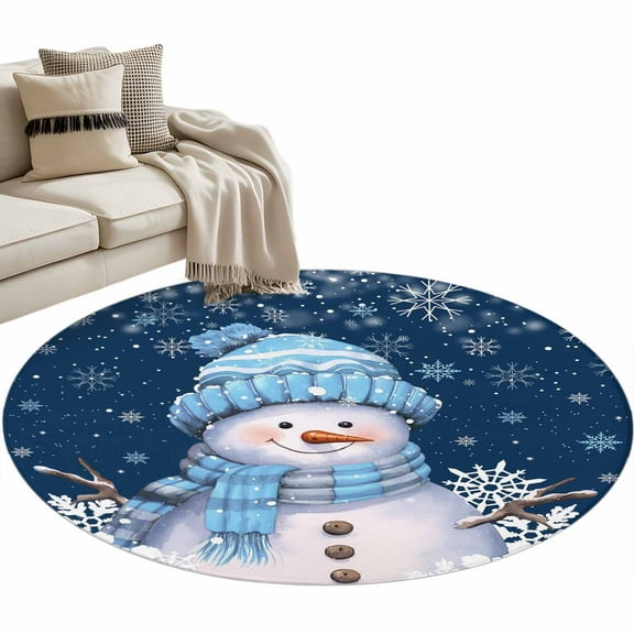 Blue Snowman Christmas Round Area Rug 4 FT, Non Slip Indoor Outdoor Rug, Xmas Winter Snowflake Navy Blue Washable Soft Circular Carpet Non-Shedding Floor Mat for Coffee Table Nursery Foyer Balcony