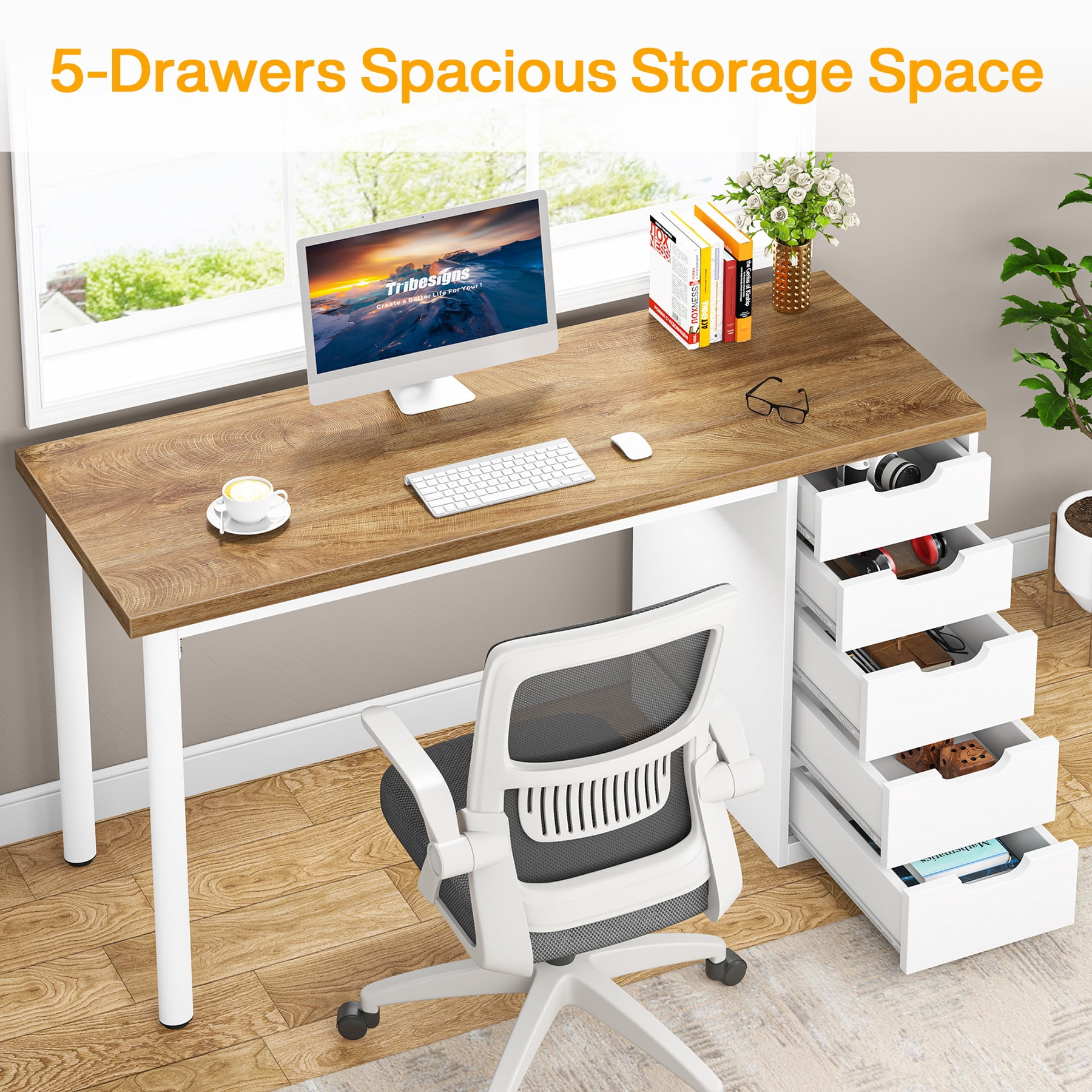 Fnova 47.24" Computer Desk with 5 Drawers, Reversible File Cabinet, Writing Workstation for Home Office Bedroom Study Makeup Vanity Desk Furniture