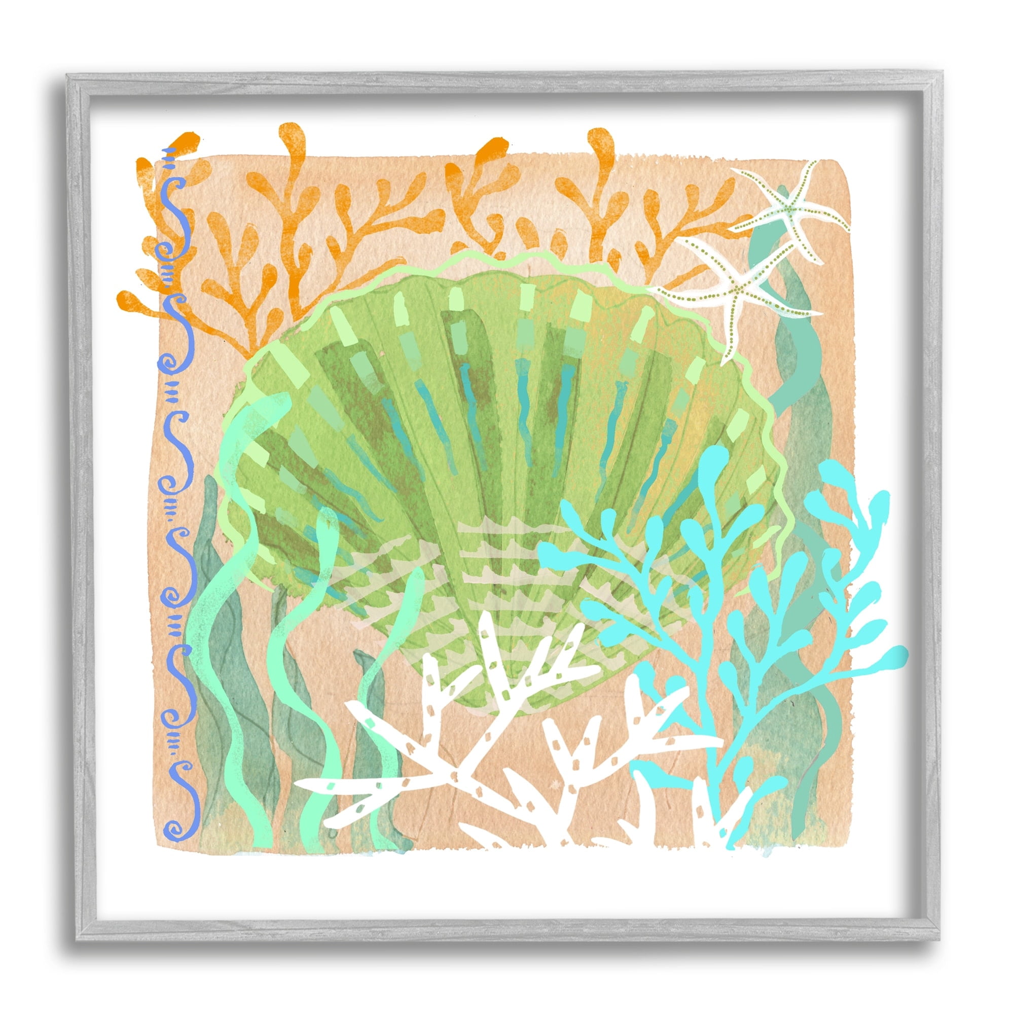 Stupell Industries Vivid Coral Overlay Beach Seashell Watercolor Pattern Graphic Art Gray Framed Art Print Wall Art, Design by unknown