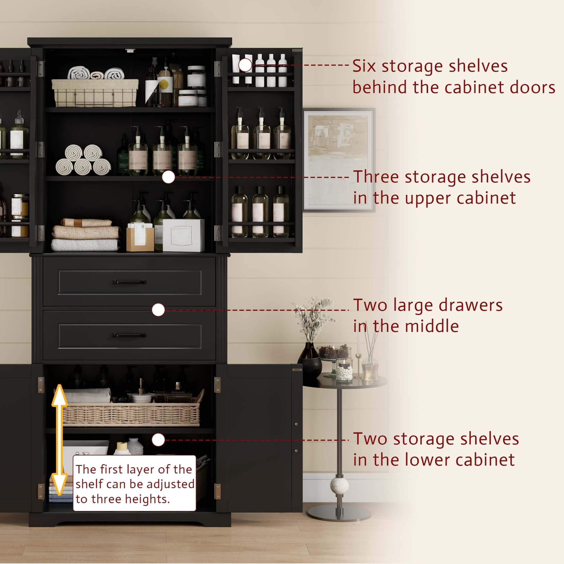 Christopher Knight Home 72.5" H Storage Cabinet with 2 Drawers, 5 Layers Cabinet with Adjustable Shelves, Black