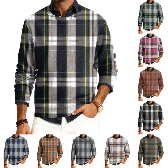 Men's Plaid Print Round Neck Long Sleeve Ribbed Knit Pullover, Sweater for Fall Winter, Casual Style and Holiday Season,Black,L
