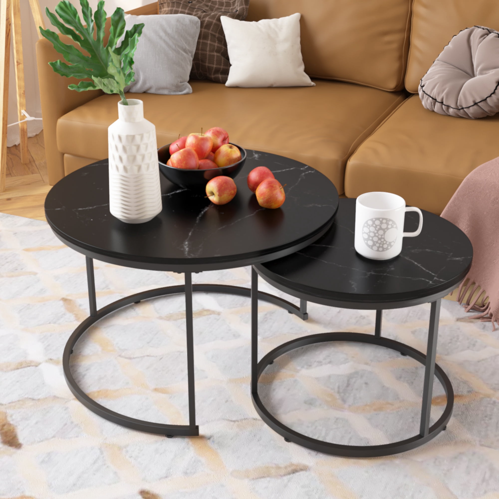 PORKISS Round Coffee Table Set of 2, 27.56" Nesting Center Tables for Living Room, 2-Piece Side Tables with Metal Frame for Living Room Home Office, Black