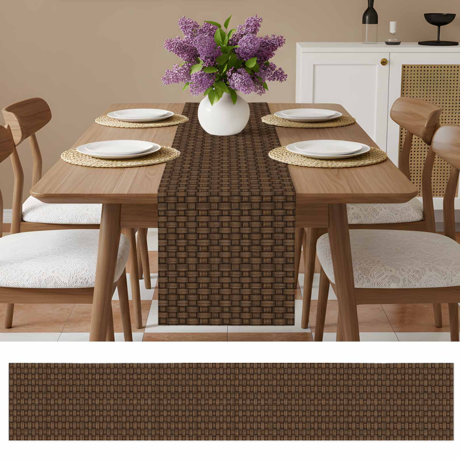 Dark Brown Rattan Table Runner - 70 Inch Long Vintage Abstract Wicker Texture Cotton and Linen Blended Dress Scarves Farmhouse Table Runner for Kitchen Dining, Coffee Table, 13" x 70"