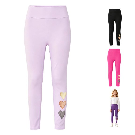 SGMVNU Girls' High Waisted Leggings Heart Prints Full Length Soft Stretch Tights Pants for Yoga Gym Sports, Size 4-5 Years, Light Purple