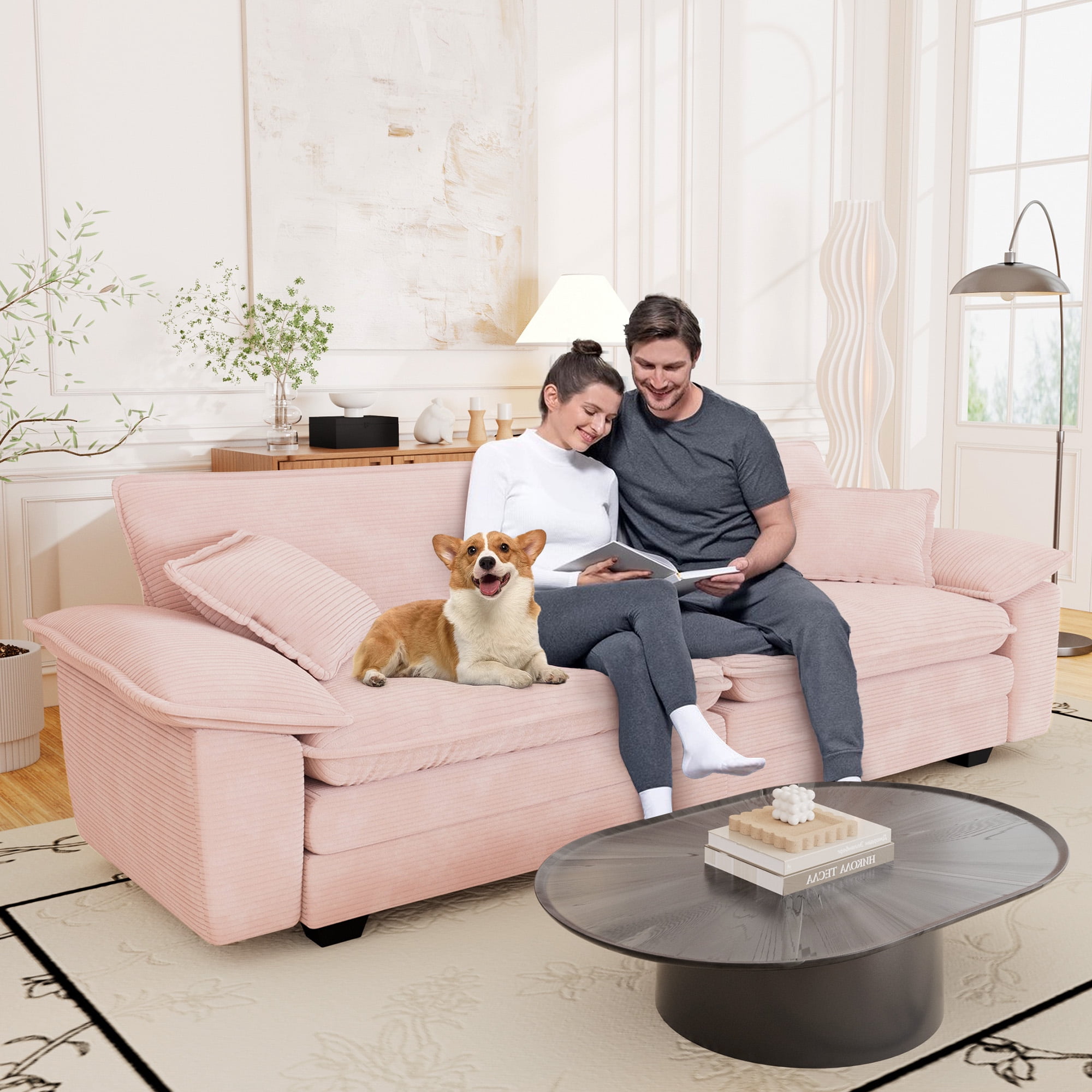 Muumblus 80.5" Corduroy Loveseat Sofa, Oversized Upholstered 2-Seater Fluffy Cloud Sleeper Couch for Living Room/Apt, Pink