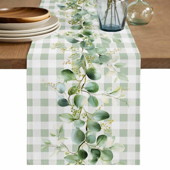 Table Runner 90 Inches Long for Kitchen Dining, Eucalyptus Leaves Dresser Scarf Farmhouse, Dining Table Decorations for Wedding/Parties, Green Plaid Farmhouse Watercolor 13 x 90 In