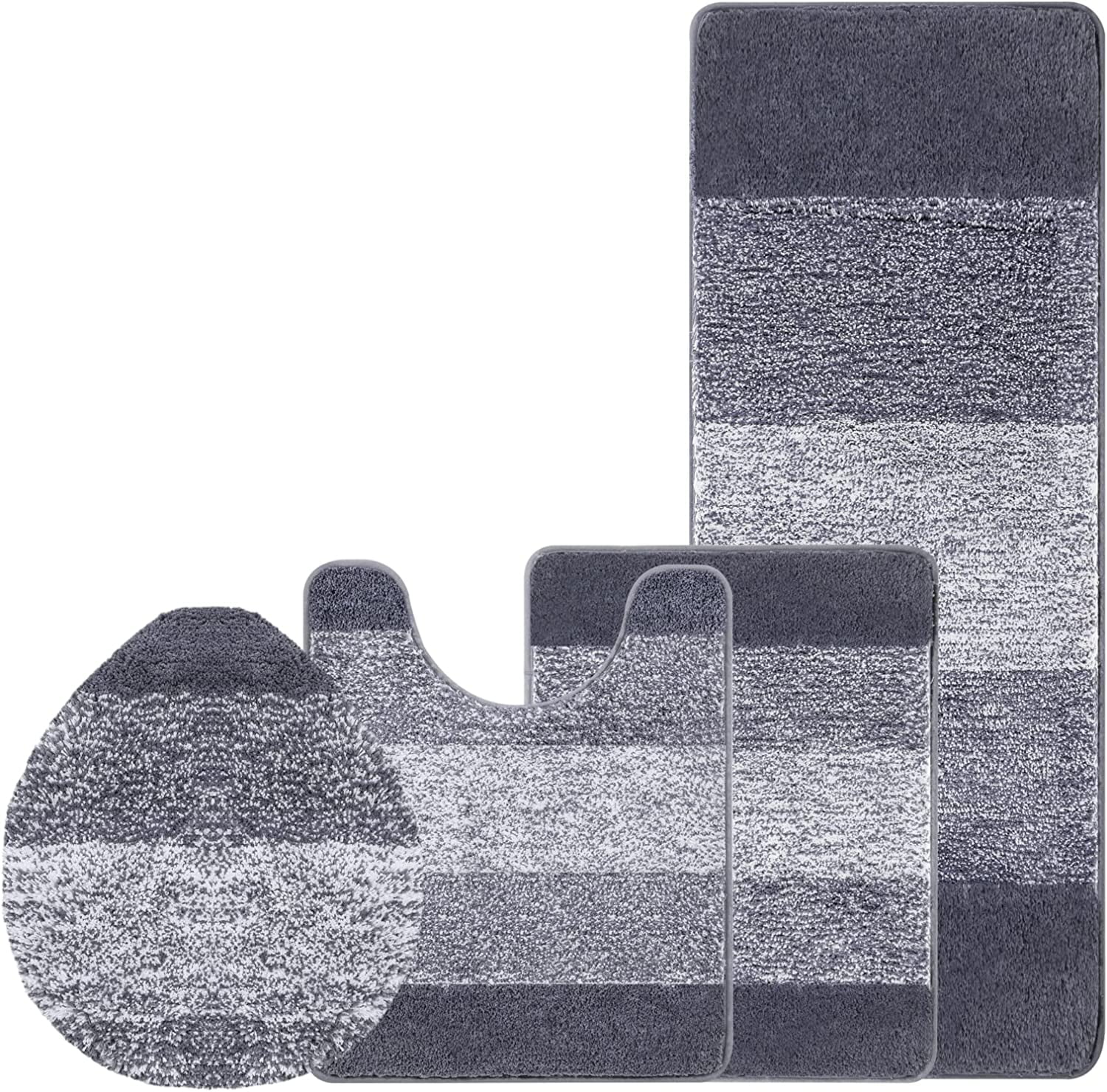 Ileading Traditional 4 Piece Microfiber Washable Bathroom Rug Set, Grey