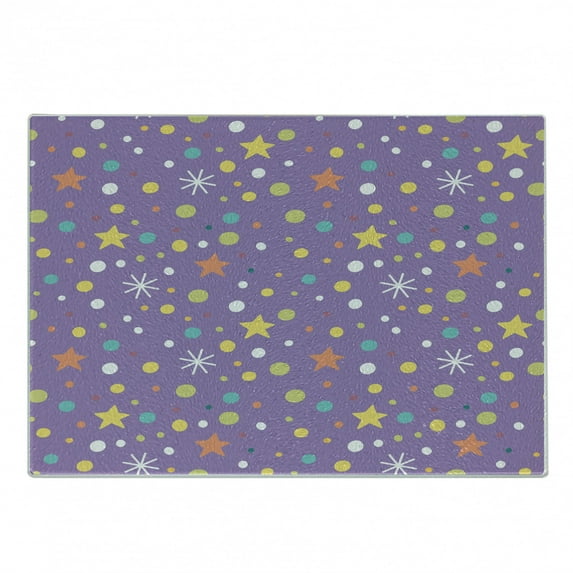 Winter Cutting Board, Party Themed Graphic Pattern with Snowflakes Stars with Large and Small Dots, Decorative Tempered Glass Cutting and Serving Board, Small Size, Multicolor, by Ambesonne