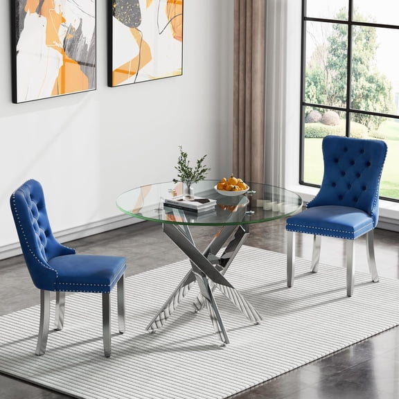 LHTER36" Modern Silver Glass Dining Room Table Set for 2, 3-Piece Round Kitchen Dining Table Set with Cross Metal Legs and 2 Blue Velvet Upholstered Chairs, Glass Kitchen Table and Chairs Set