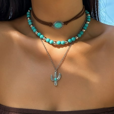 JUSIP Layered Western Necklaces for Women Vintage Turquoise Beaded Western Jewelry for Women Ox-head Cactus Cross Chain Necklaces Country Concert Cowgirl Dresses Accessories