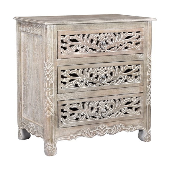 Taran Designs Monte Floral Carved Solid Wood 3-Drawers Nightstand in Gray