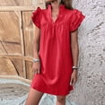 thumbnail image 2 of Ashirexll Flowy Dresses for Women, Womens Summer Dresses, Stand Collar Ruffle Short Sleeve Solid Color Loose Shift Pullover Dress, 2 of 6