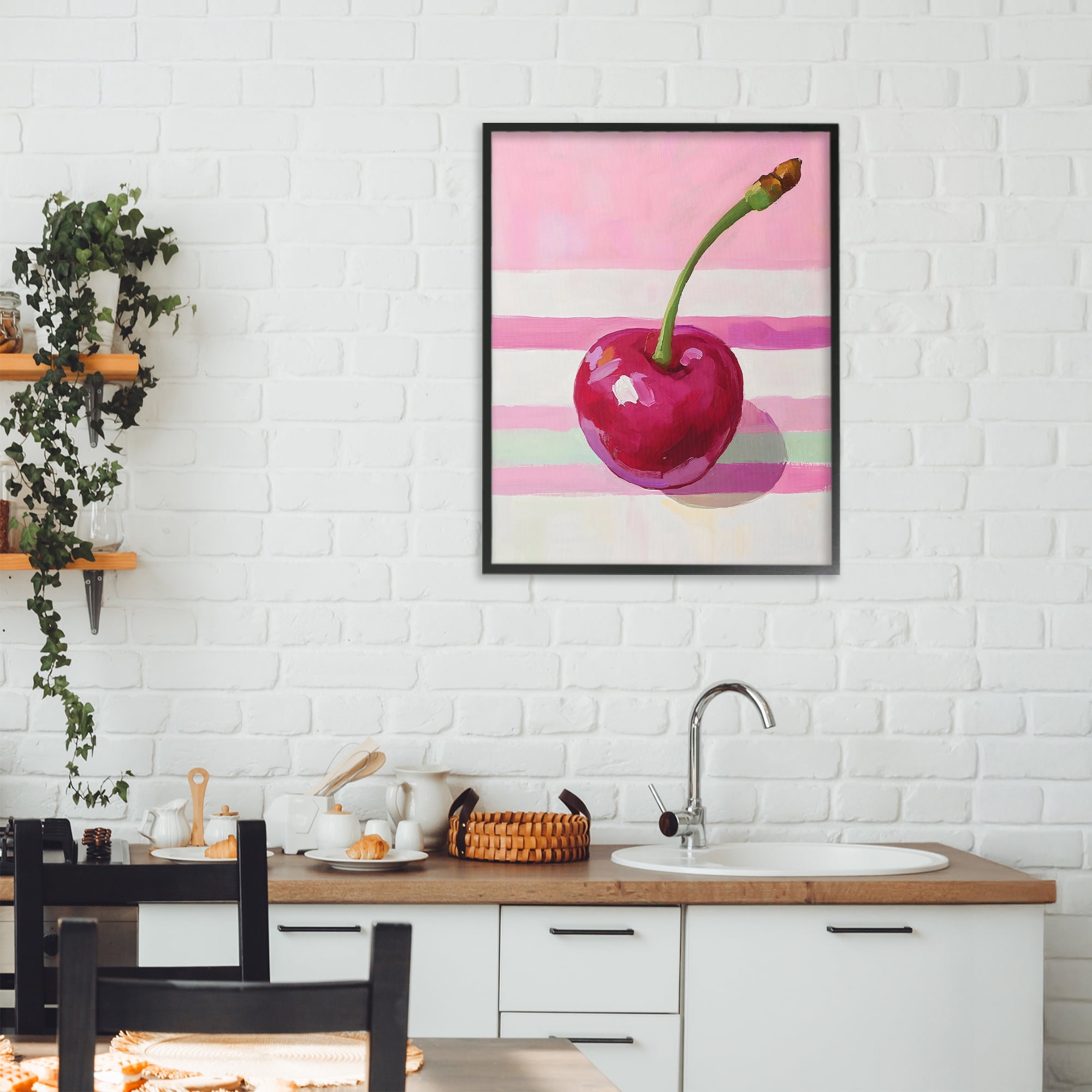 Stupell Industries Cherry on Pink Stripes Black Framed Giclee Art, design by The Prints Vibe