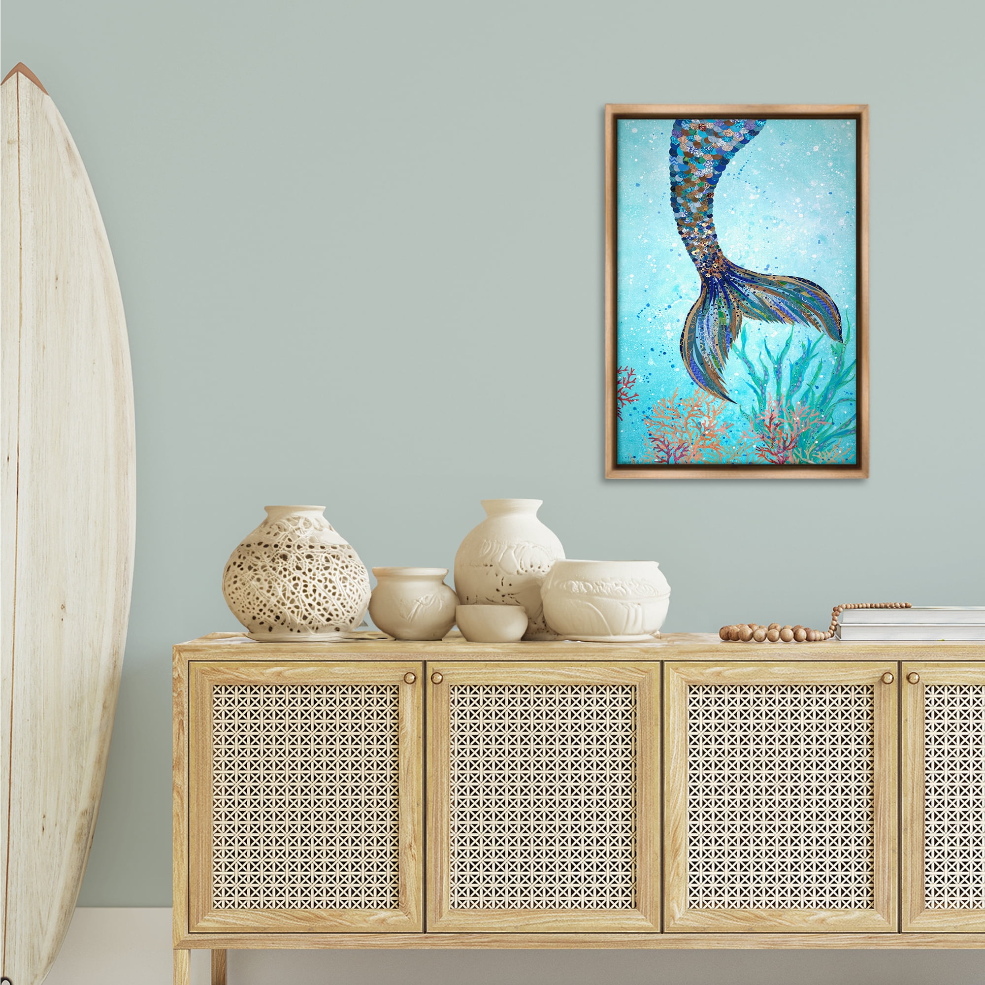 Stupell Industries Tall Tails Mermaid Fairy Tales & Fantasy Painting Brown Floater Framed Canvas Art Print Wall Art, 21 x 31