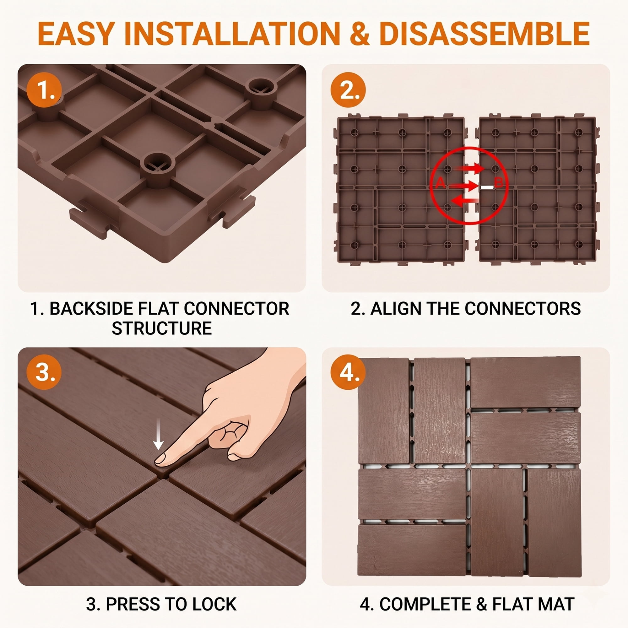 Interlocking Deck Tiles 12x12 in, Waterproof Non-Slip Outdoor Patio Flooring with Drainage Design, Snap Together Tiles for Poolside Porch Garden Backyard, Brown, 44pcs