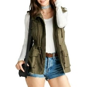 PacificPlex Womens Sleeveless Hooded Anorak Cotton Cargo Utility Vest (Small, Olive)