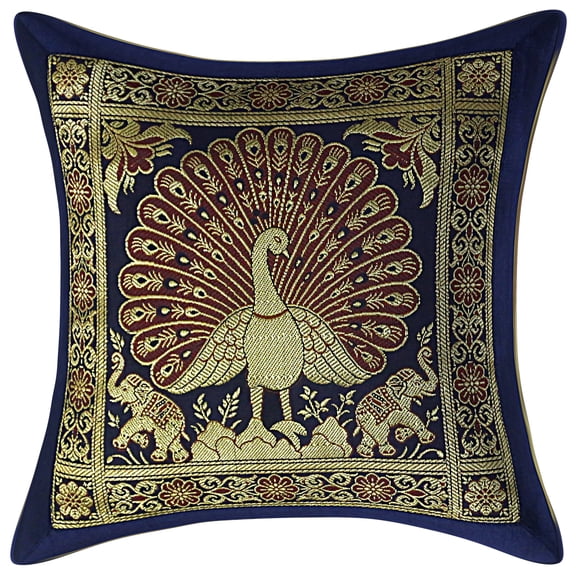 Stylo Culture Ethnic Boho Brocade Navy Blue And Gold Throw Pillow Covers 12x12 Jacquard Weave Banarasi Sofa Thanksgiving Pillow Covers Dancing Peacock Floral 30x30 cm Decorative Cushion Covers (1 Pc)