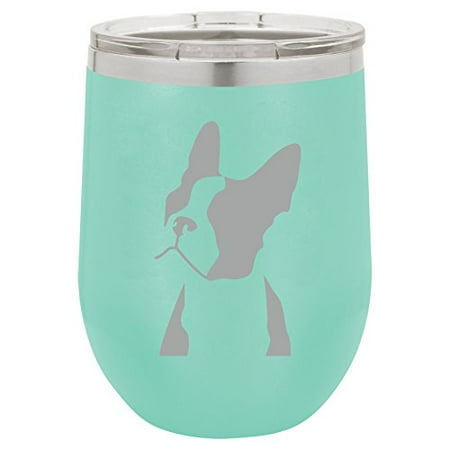

12 oz Double Wall Vacuum Insulated Stainless Steel Stemless Wine Tumbler Glass Coffee Travel Mug With Lid Boston Terrier Face (Teal)