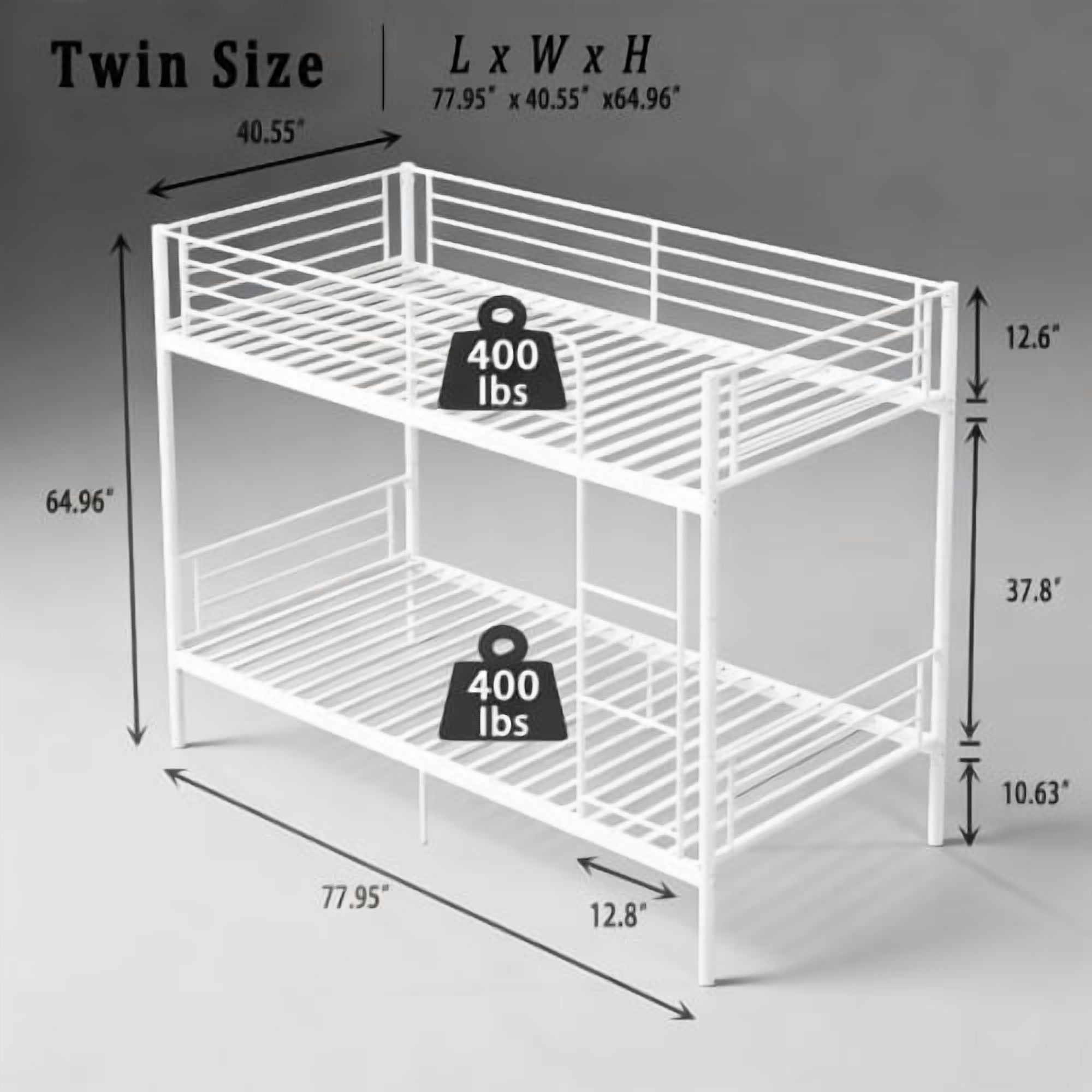 Twin Over Twin Metal Bunk Bed with Ladder and High Guardrail, Convertible to 2 Twin Beds, Noise-Free, Storage Space, White
