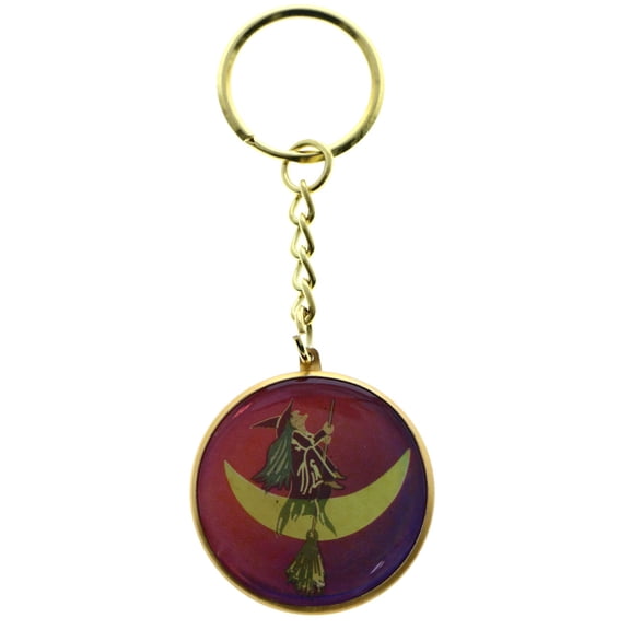 Halloween Witch Flying Broom Over the Moon Split-Ring-Keychain Purple/Gold-Tone