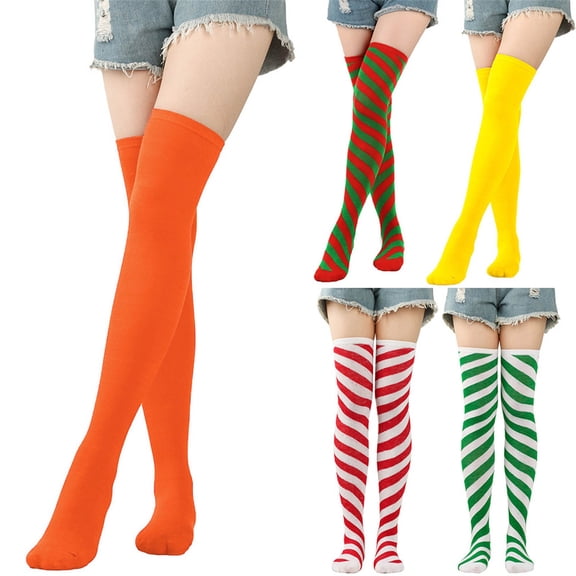 Helii Women's knee-length thigh-high stockings with Christmas stripes, festive party pure-colored knee-length stockings, winter warm mid-calf boot socks