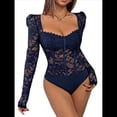 thumbnail image 2 of Body de Larga con Encaje Floral Transparente para Mujer, Top con Escote Corazón Azul Oscuro XL, 2 of 10