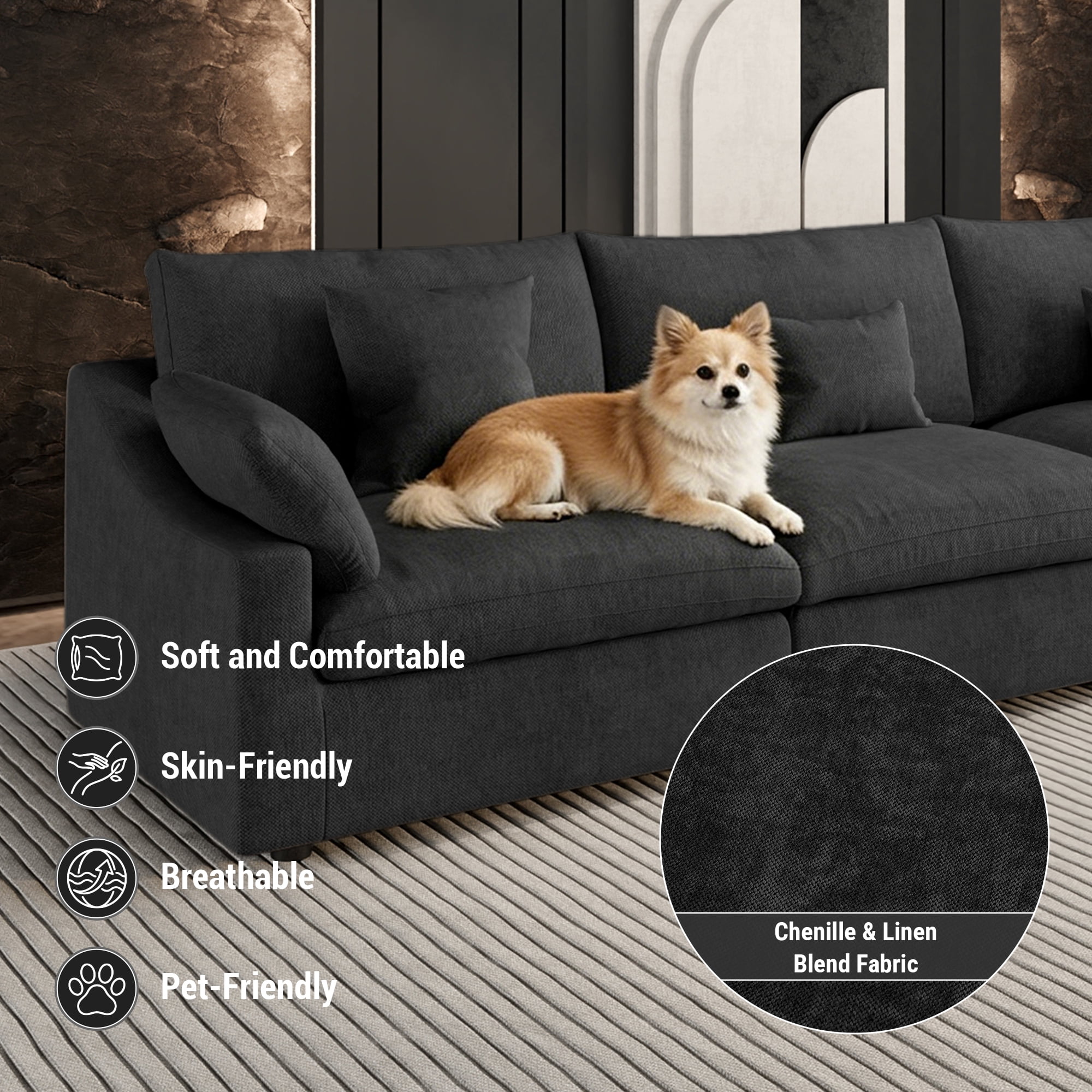 120" Cloud Couch Sectional for Living Room, Down Filled Convertible L Shape Couch with Ottoman,Black