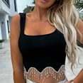 thumbnail image 2 of Mittory Women's Rhinestone Fringe Trim Ribbed Knit Square Neck Sleeveless Crop Tank Top, 2 of 2