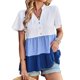 thumbnail image 1 of Top de verano para mujer, manga corta, cuello en V, botón frontal, bloque de color, dobladillo con volantes, Top para mujer azul L, 1 of 8