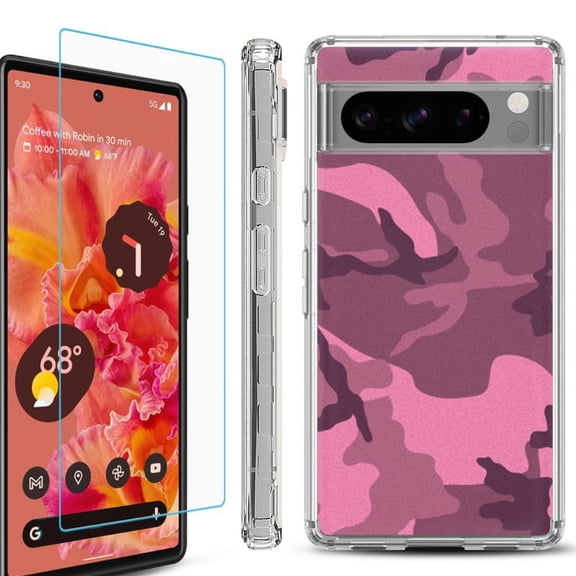 OneToughShield ® Compatible with Google Pixel 8 Pro, Shockproof Phone Case, with Tempered Glass Screen Protector - Camo Pink