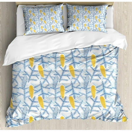 Pine Cone Bedding Collection Pine Cone Duvet Cover Set Queen Size, Conifer Branches Autumn Fall Season Theme Noel Winter Inspirations, Decorative 3 Piece Bedding Set with 2 Pillow Shams, Earth Yellow Dark Blue, by Ambesonne ()
