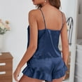 thumbnail image 4 of Conjunto de pijama con tirantes finos de 2 piezas, seda de hielo, cuello en V, sin espalda, lazo frontal, ropa de dormir de satén, lencería azul oscuro L, 4 of 6