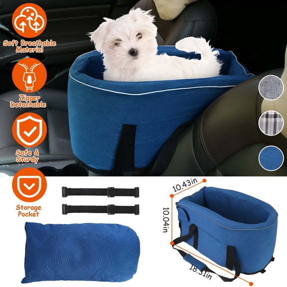LAMIRO Small Dog Car Seat Booster Center Console Pet Car Seat w/ Storage Pocket Blue